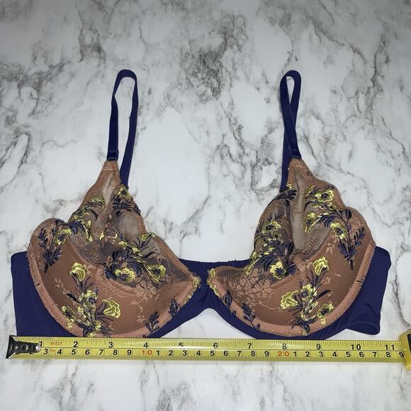 Natori Bra 32B Floral Lace See Through Padded Blue Yellow Brown Hook And Eye - Picture 1 of 7